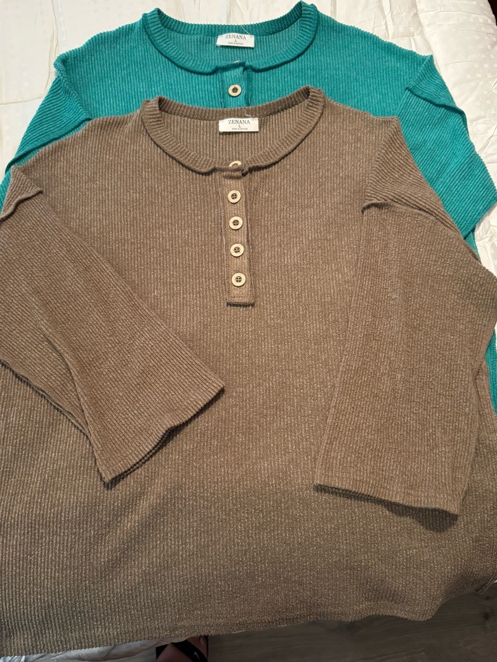 Zenana Outfitters Ribbed Henley Duo Sweaters - Green & Brown